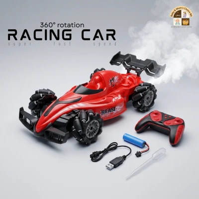 360° Rotating RC Stunt Racing Car – High-Speed Drift Crawler with LED Spray Exhaust & All-Terrain Mecanum Wheels