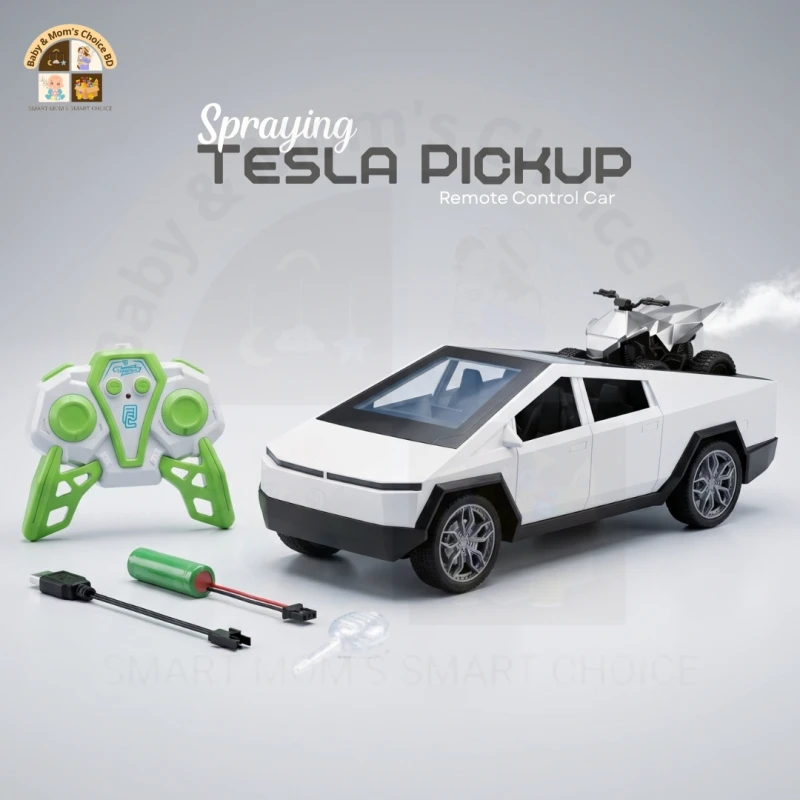 Futuristic RC Tesla Pickup Truck – Remote Control Spraying CyberTruck with LED Smoke Effect & Mini ATV Accessory